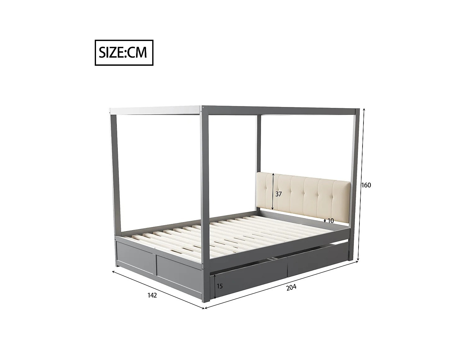 Hemelbed 140x200 cm - Met 2 lades en gestoffeerde rugleuning - Van hout - Grijs (zonder matras)