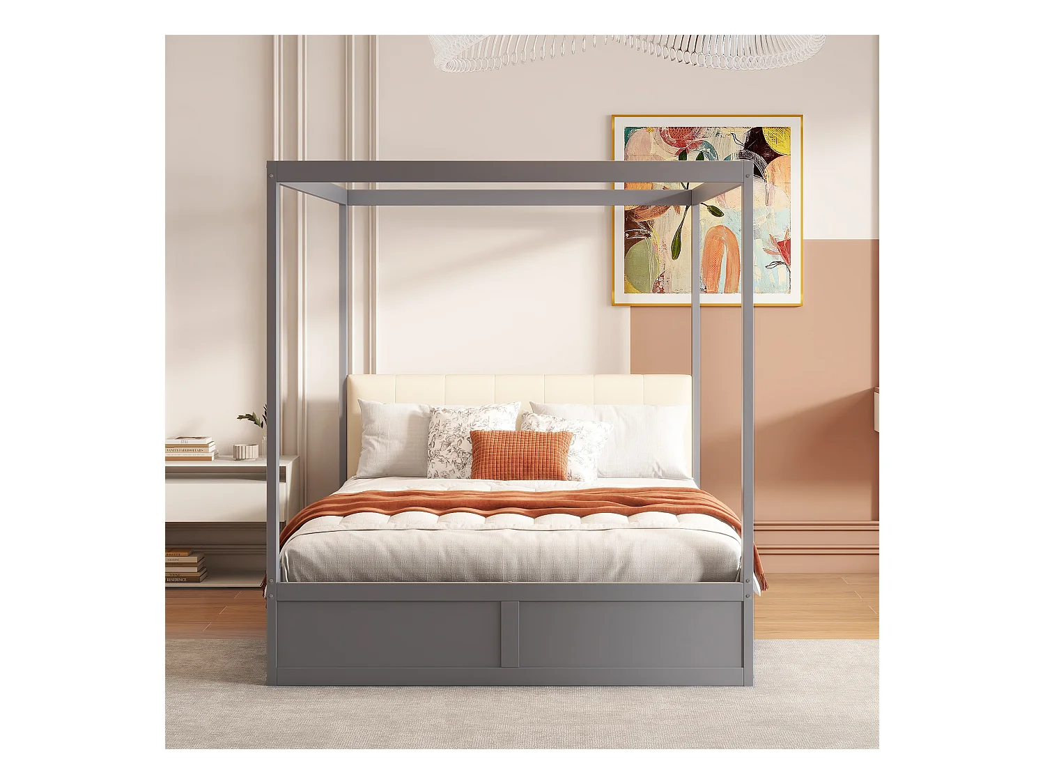 Hemelbed 140x200 cm - Met 2 lades en gestoffeerde rugleuning - Van hout - Grijs (zonder matras)