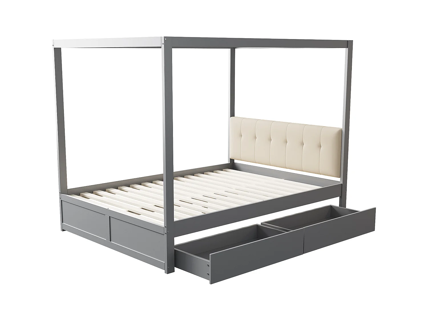 Hemelbed 140x200 cm - Met 2 lades en gestoffeerde rugleuning - Van hout - Grijs (zonder matras)