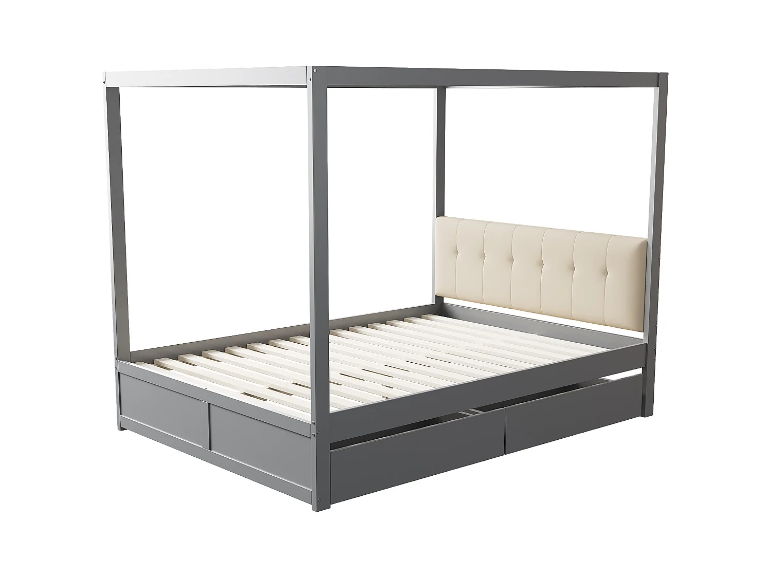 Hemelbed 140x200 cm - Met 2 lades en gestoffeerde rugleuning - Van hout - Grijs (zonder matras)