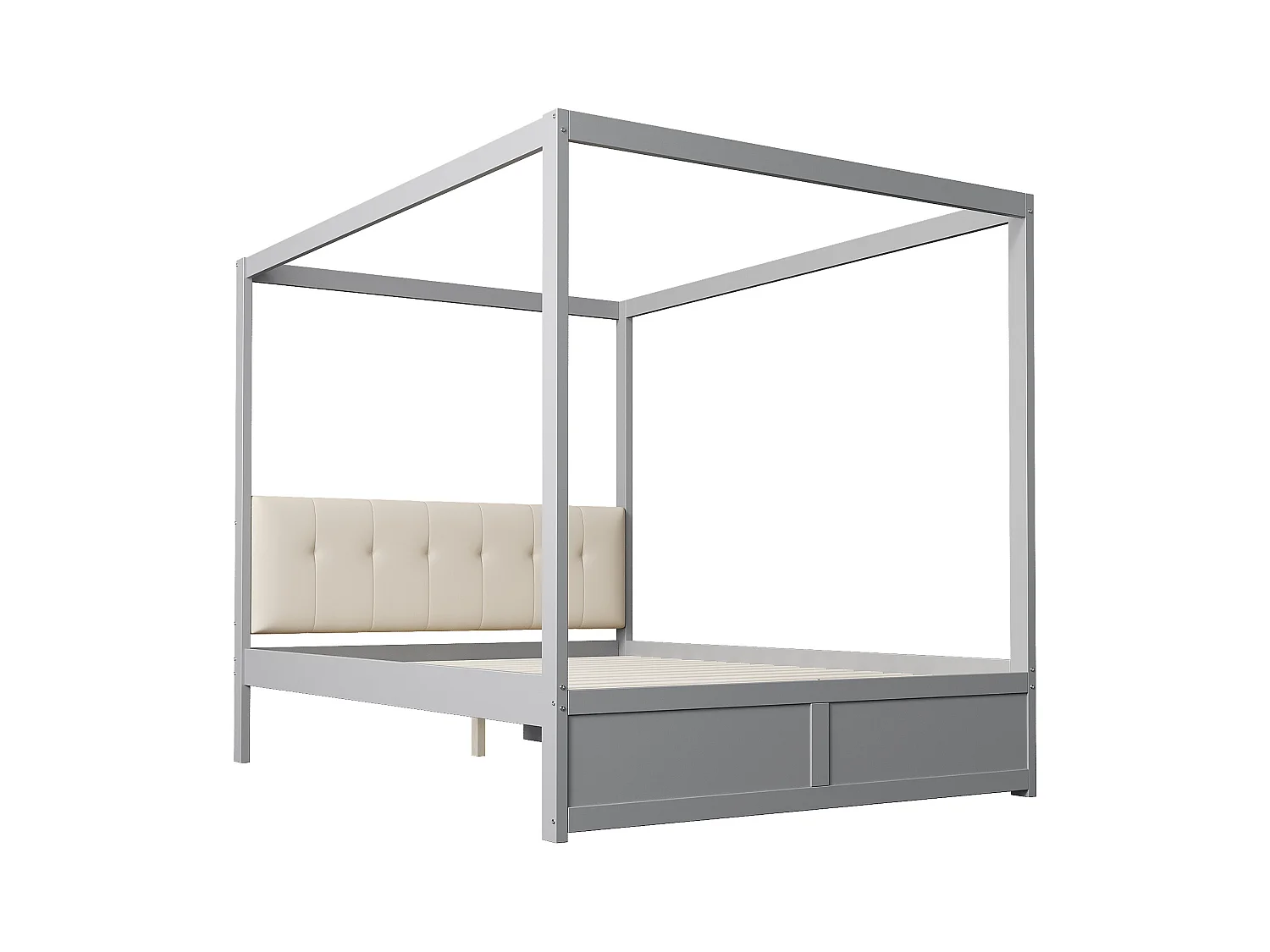 Hemelbed 140x200 cm - Met 2 lades en gestoffeerde rugleuning - Van hout - Grijs (zonder matras)