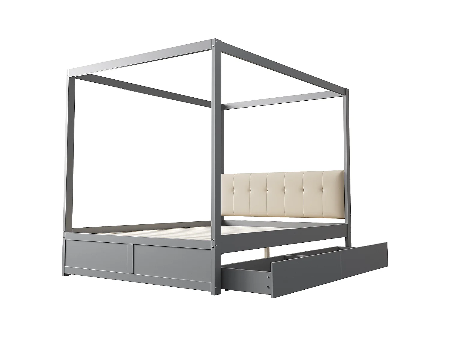 Hemelbed 140x200 cm - Met 2 lades en gestoffeerde rugleuning - Van hout - Grijs (zonder matras)