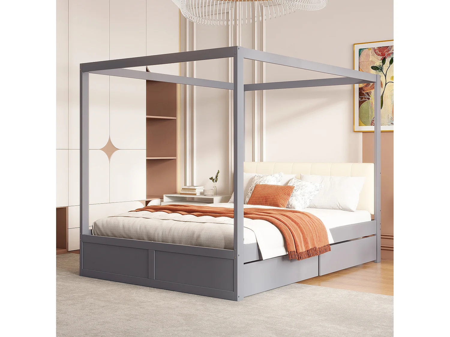 Lit baldaquin adulte 140x200 cm avec 2 tiroirs et dossier rembourré, En bois, Gris, sans matelas