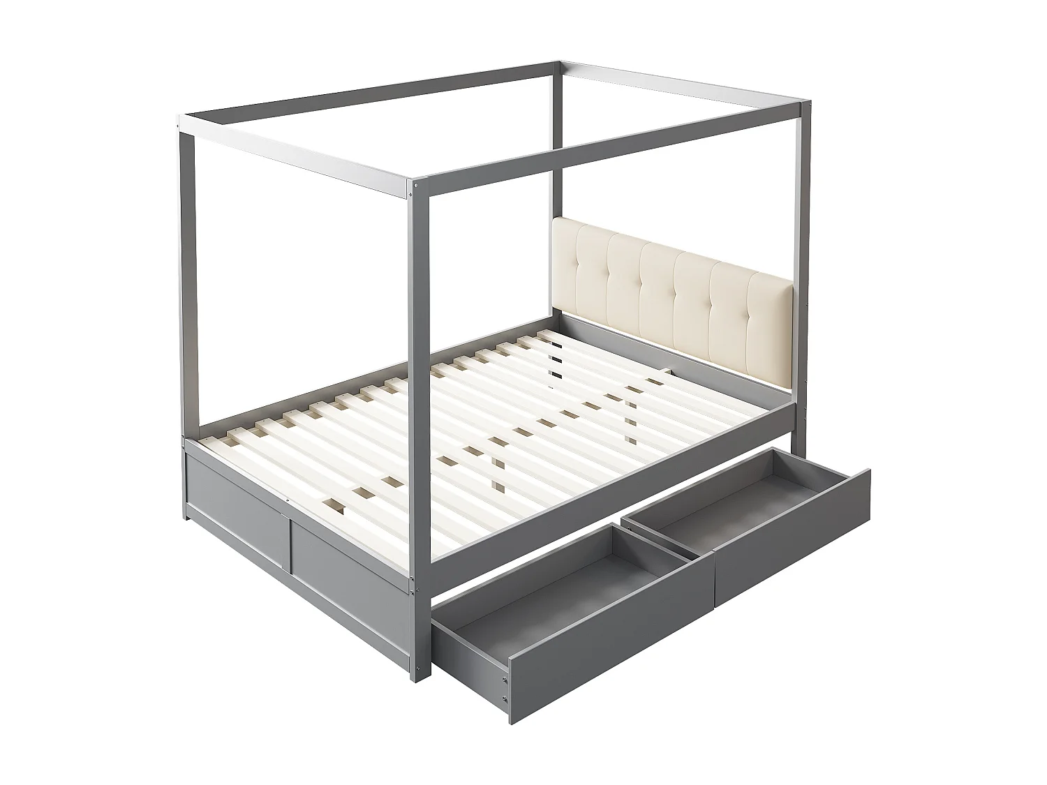 Lit baldaquin adulte 140x200 cm avec 2 tiroirs et dossier rembourré, En bois, Gris, sans matelas