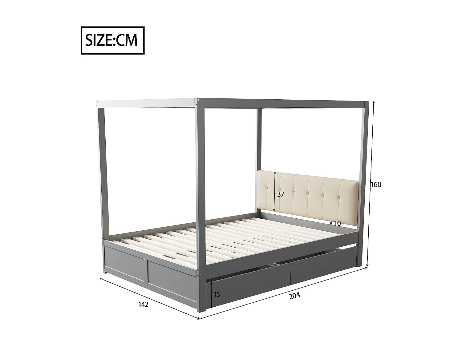 Lit baldaquin adulte 140x200 cm avec 2 tiroirs et dossier rembourré, En bois, Gris, sans matelas