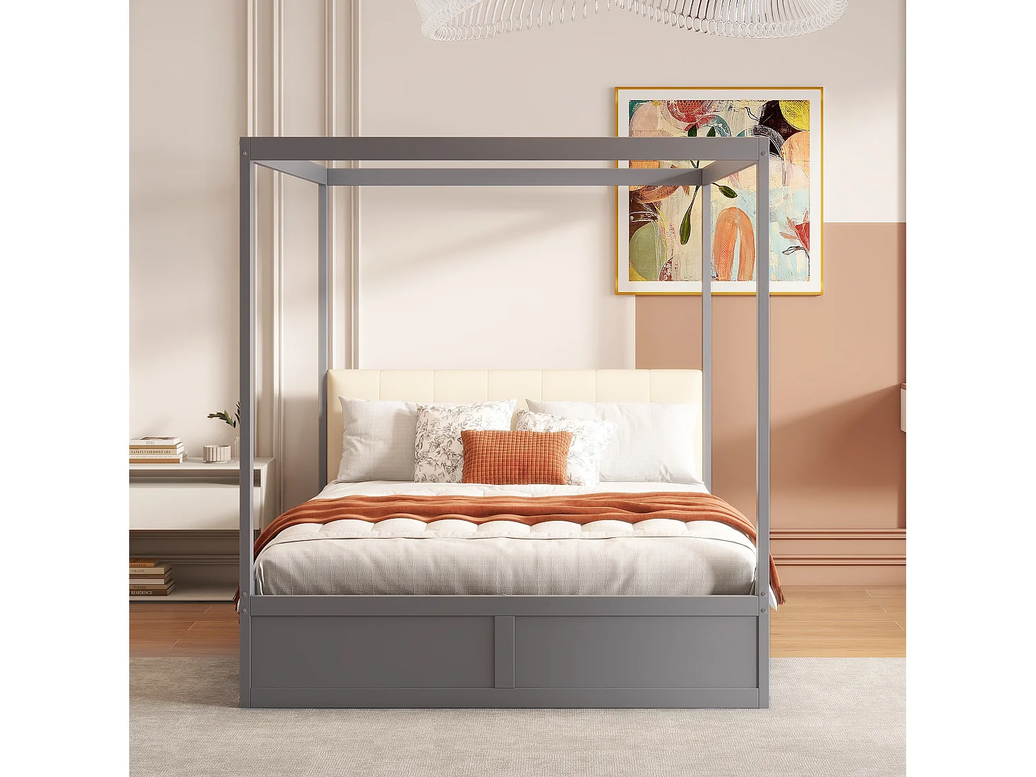 Lit baldaquin adulte 140x200 cm avec 2 tiroirs et dossier rembourré, En bois, Gris, sans matelas