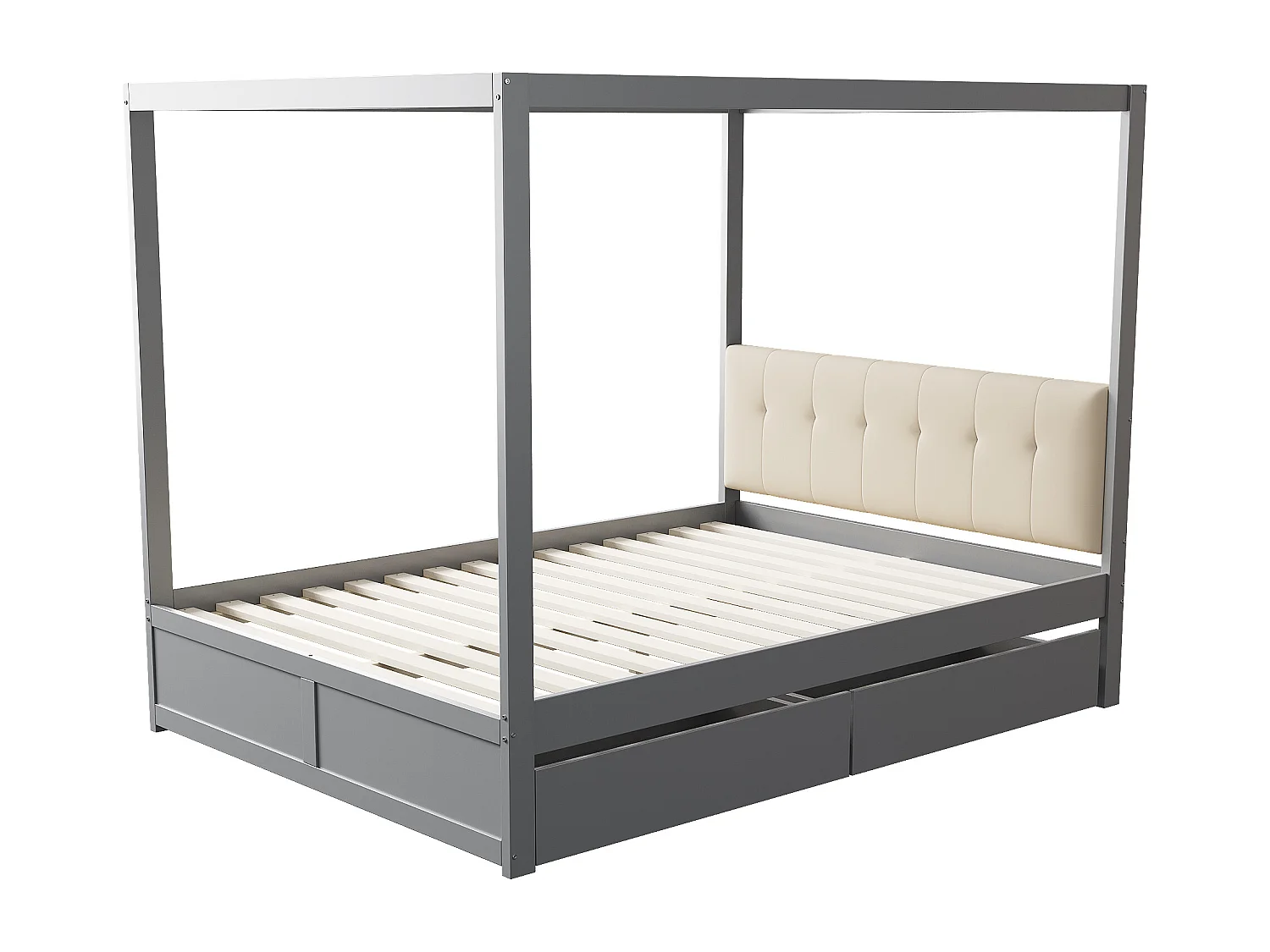 Lit baldaquin adulte 140x200 cm avec 2 tiroirs et dossier rembourré, En bois, Gris, sans matelas