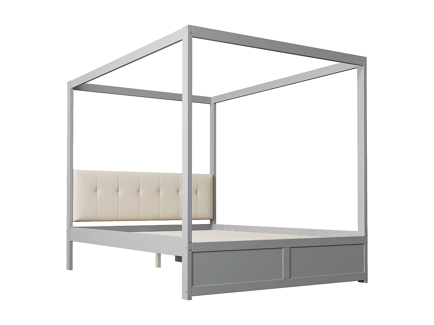 Lit baldaquin adulte 140x200 cm avec 2 tiroirs et dossier rembourré, En bois, Gris, sans matelas
