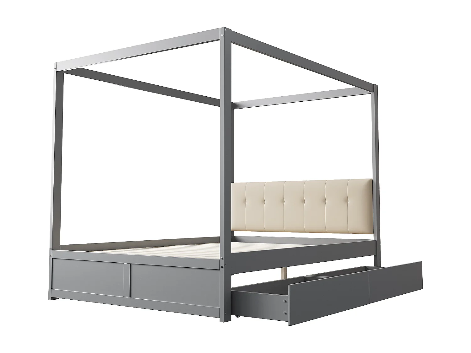 Lit baldaquin adulte 140x200 cm avec 2 tiroirs et dossier rembourré, En bois, Gris, sans matelas