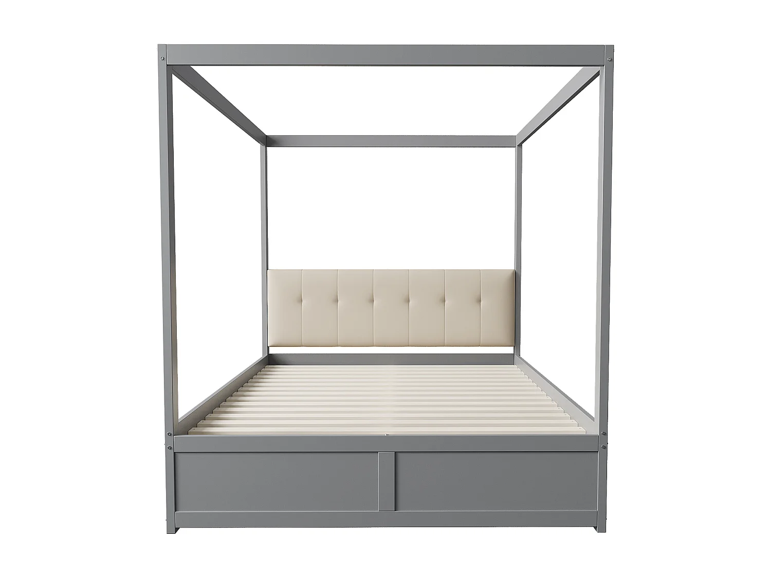 Lit baldaquin adulte 140x200 cm avec 2 tiroirs et dossier rembourré, En bois, Gris, sans matelas