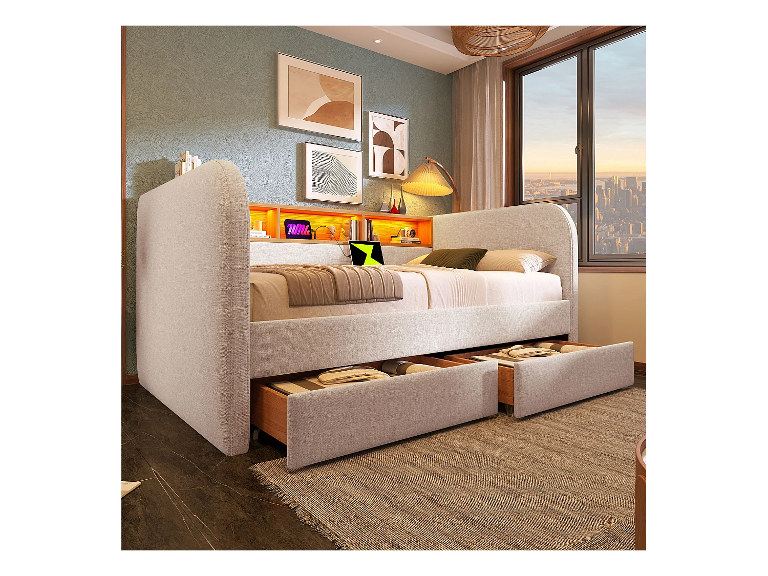 Lit canapé 140x190 cm - LED et USB-C - Lin beige clair (sans matelas)