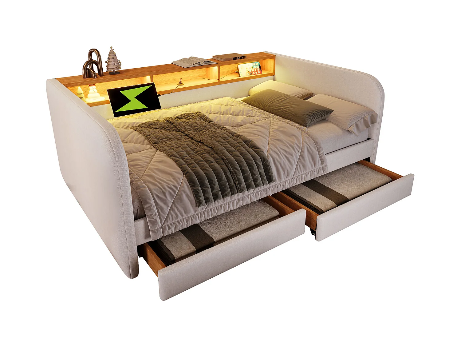 Lit canapé 140x190 cm - LED et USB-C - Lin beige clair (sans matelas)