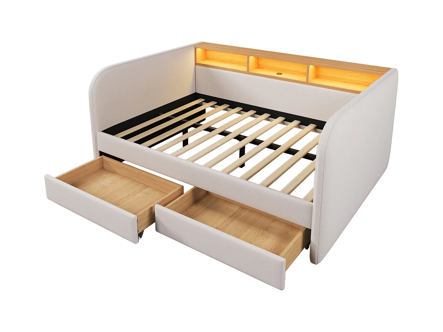 Lit canapé 140x190 cm - LED et USB-C - Lin beige clair (sans matelas)