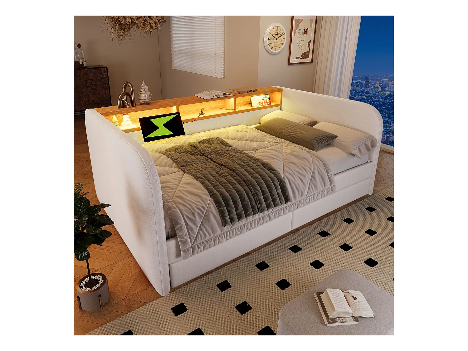 Lit canapé 140x190 cm - LED et USB-C - Lin beige clair (sans matelas)