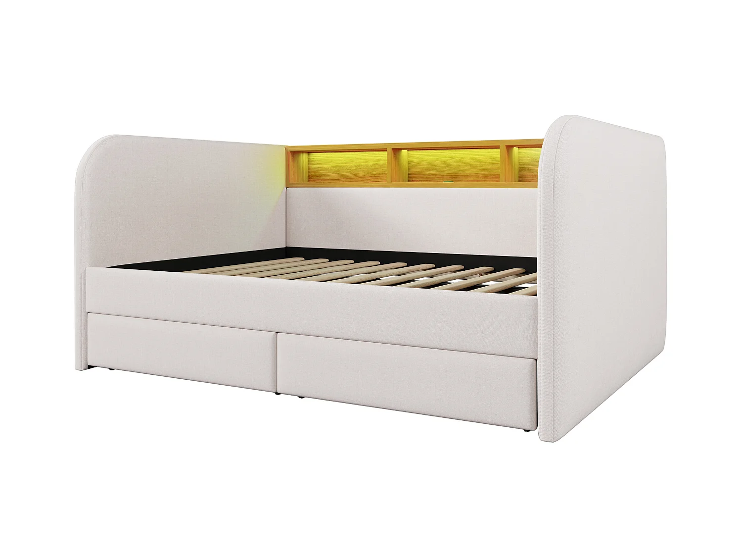 Lit canapé 140x190 cm - LED et USB-C - Lin beige clair (sans matelas)