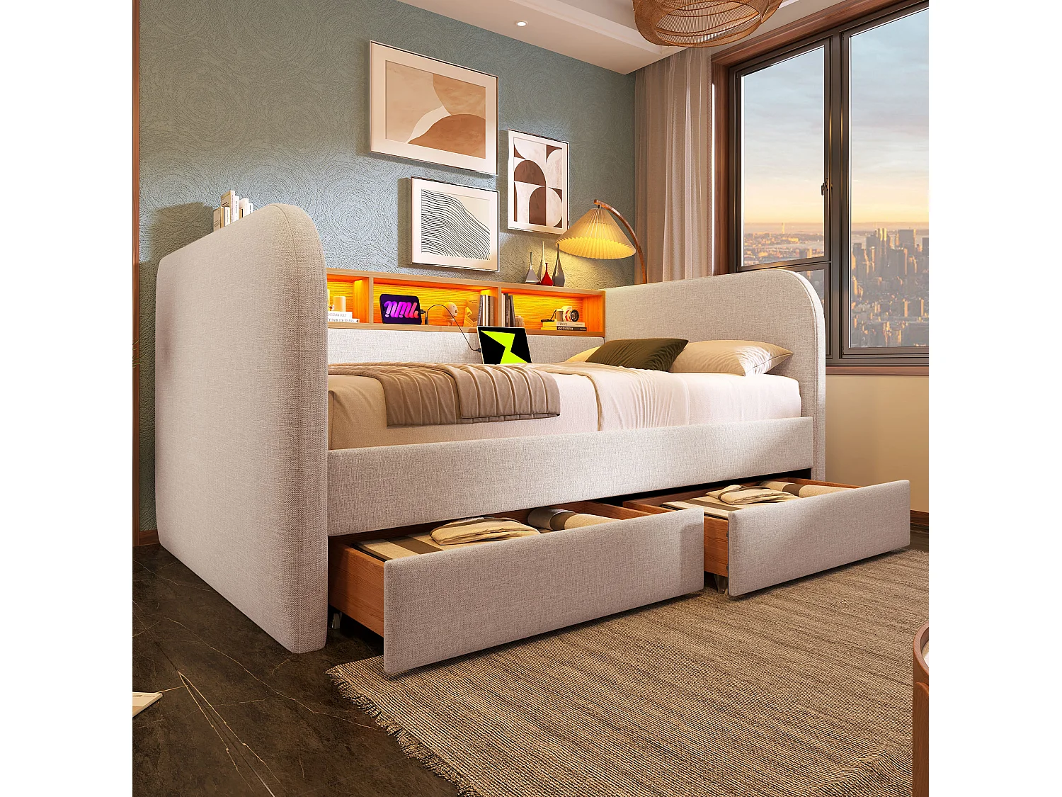 Lit canapé 140x190 cm - LED et USB-C - Lin beige clair (sans matelas)