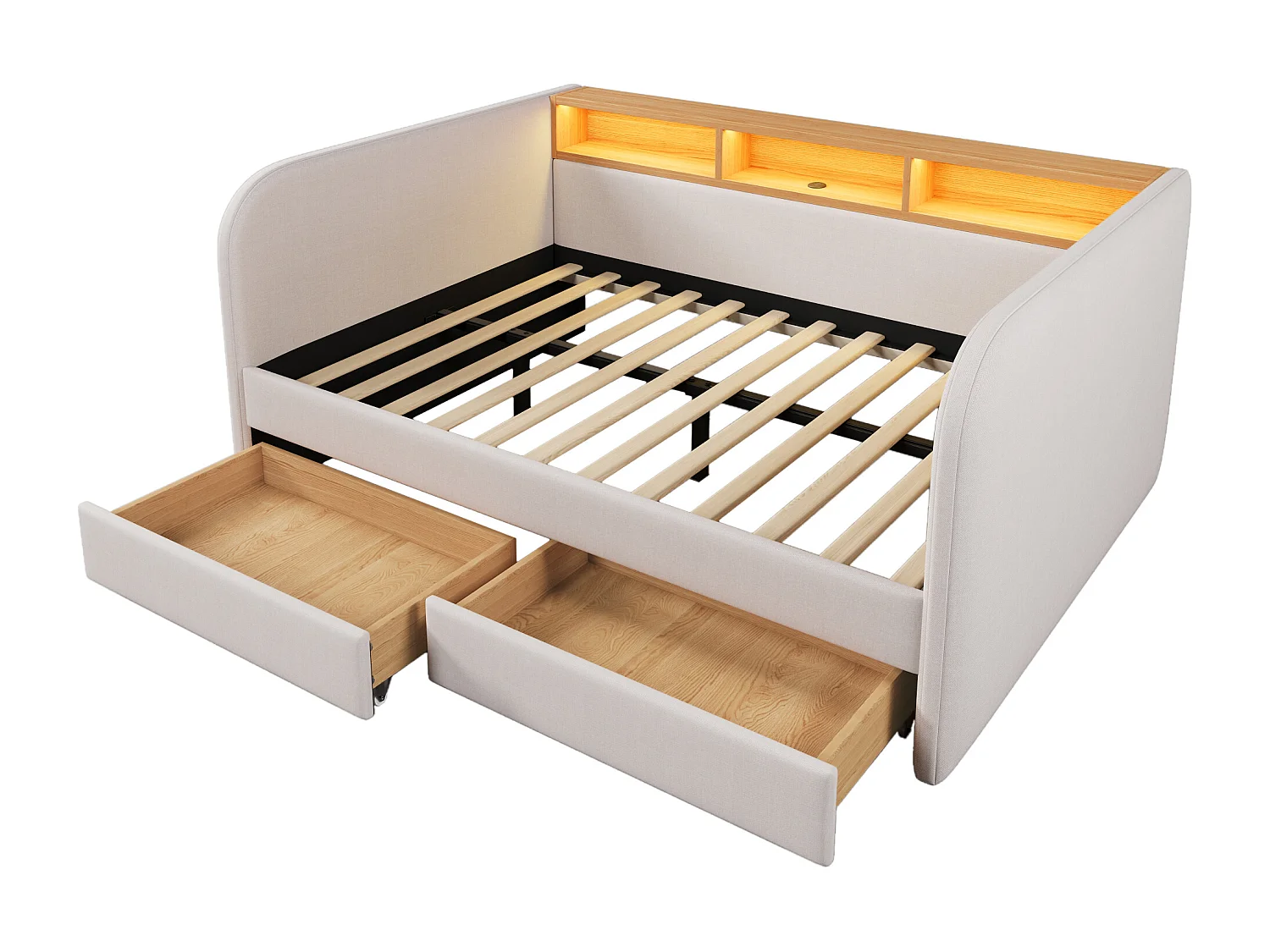 Lit canapé 140x190 cm - LED et USB-C - Lin beige clair (sans matelas)