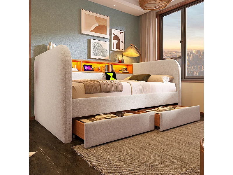 Slaapbank 140x190 cm - LED en USB-C - Licht beige linnen (zonder matras)