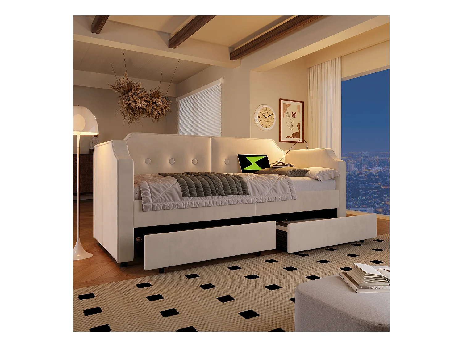 Lit banquette enfant 90x200 cm avec 2 tiroirs, lumière de lecture et USB-Type-C, velours beige, sans matelas