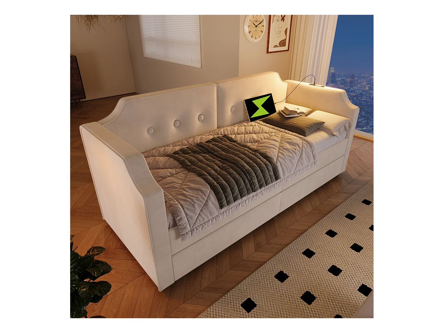 Lit banquette enfant 90x200 cm avec 2 tiroirs, lumière de lecture et USB-Type-C, velours beige, sans matelas