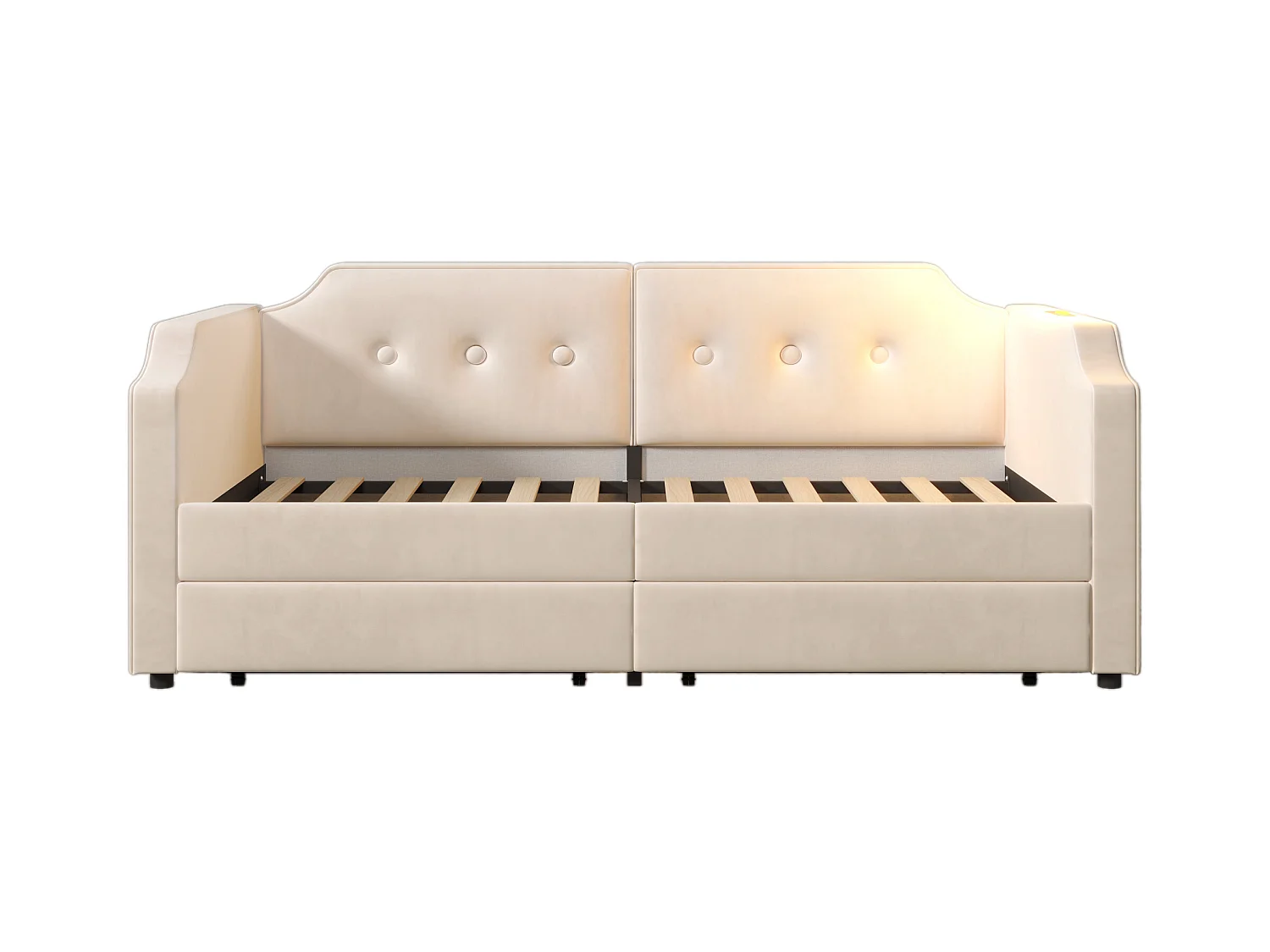 Lit banquette enfant 90x200 cm avec 2 tiroirs, lumière de lecture et USB-Type-C, velours beige, sans matelas