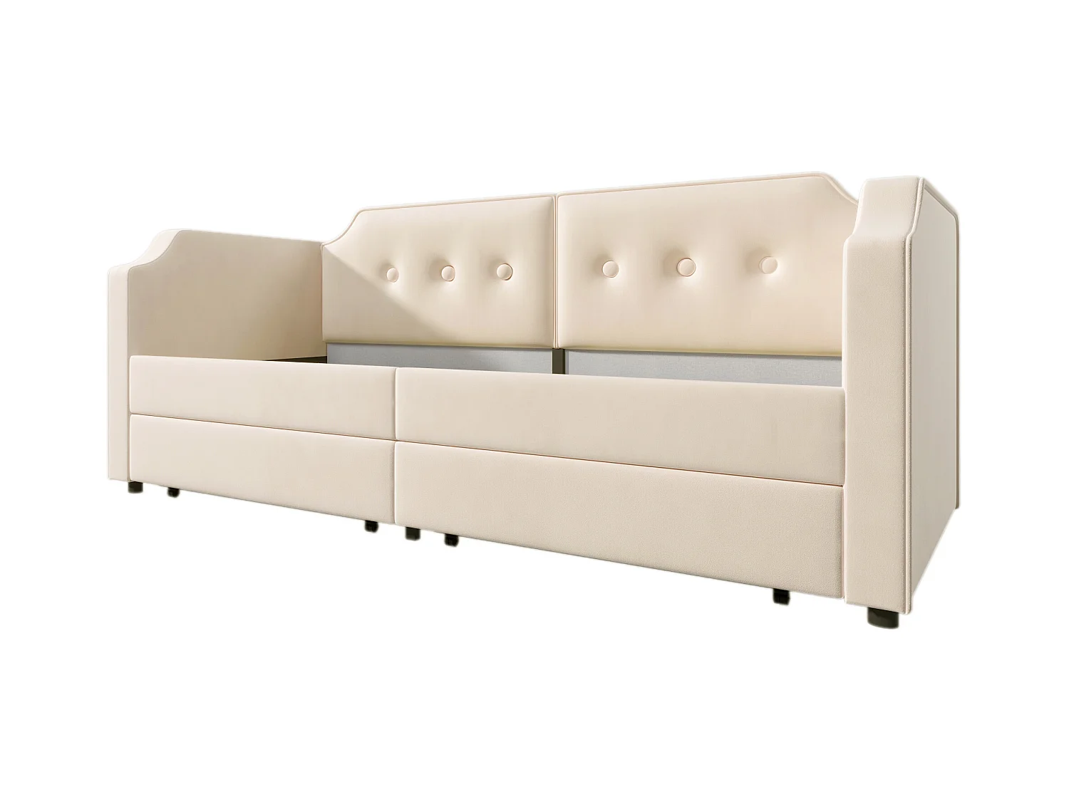 Lit banquette enfant 90x200 cm avec 2 tiroirs, lumière de lecture et USB-Type-C, velours beige, sans matelas
