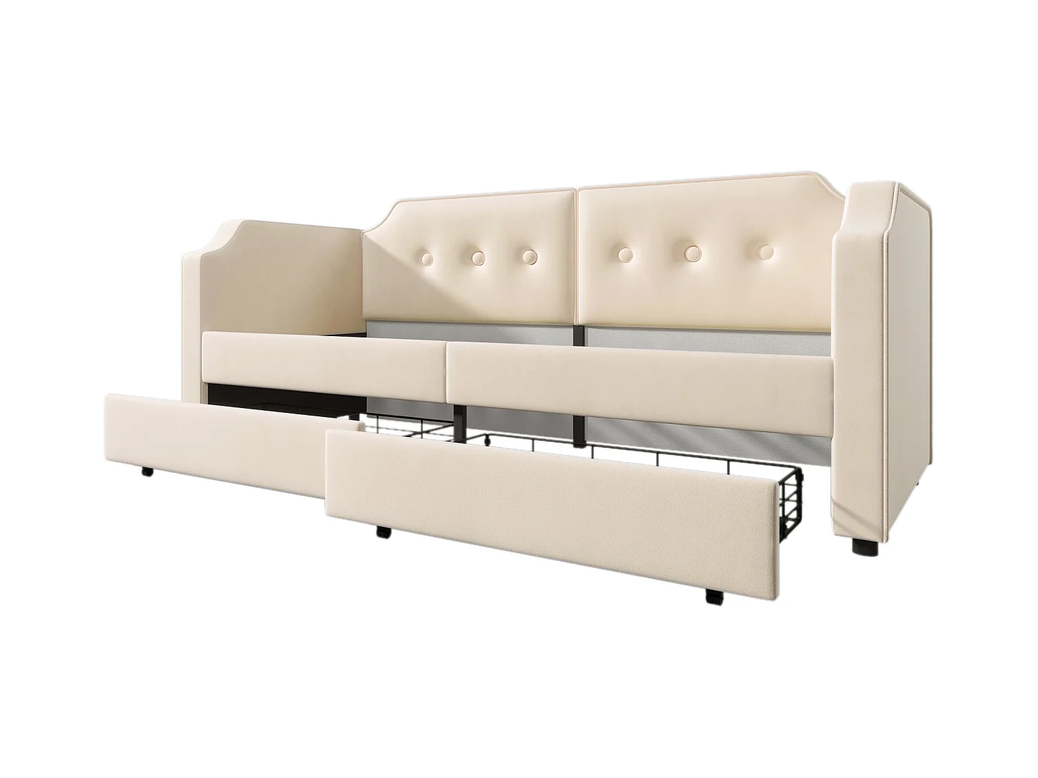Lit banquette enfant 90x200 cm avec 2 tiroirs, lumière de lecture et USB-Type-C, velours beige, sans matelas