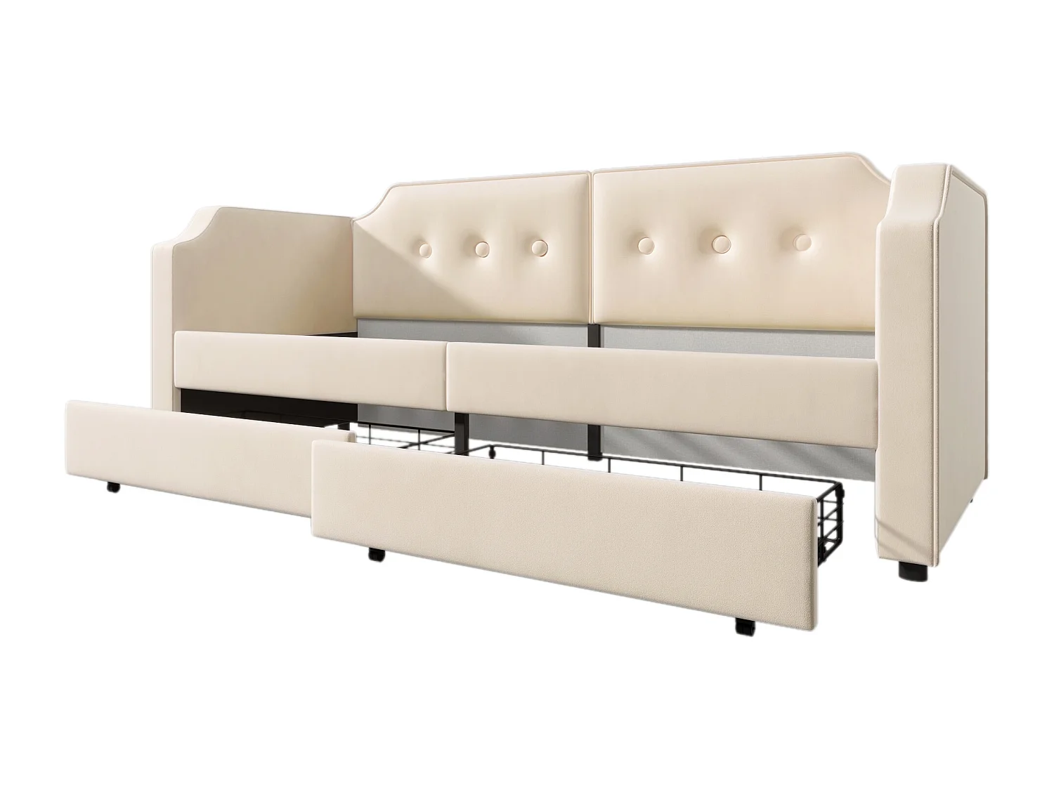 Lit banquette enfant 90x200 cm avec 2 tiroirs, lumière de lecture et USB-Type-C, velours beige, sans matelas