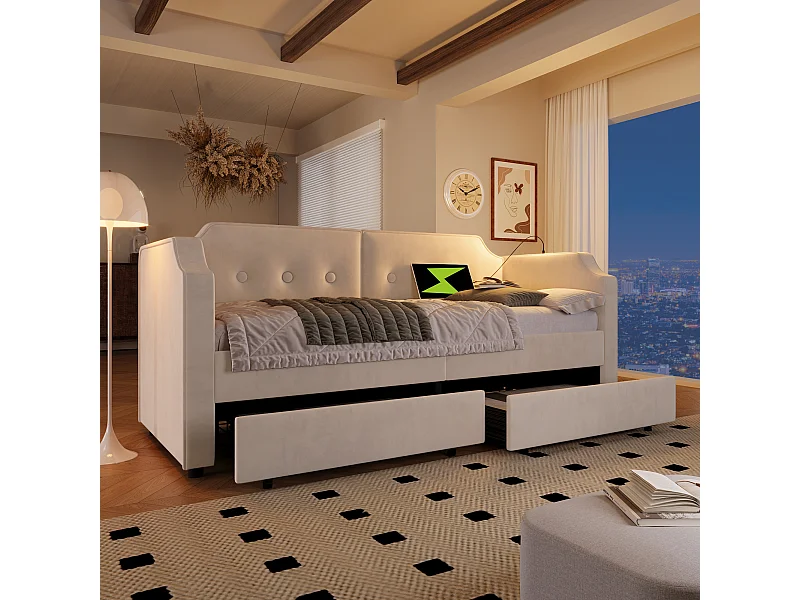 Lit banquette enfant 90x200 cm avec 2 tiroirs, lumière de lecture et USB-Type-C, velours beige, sans matelas