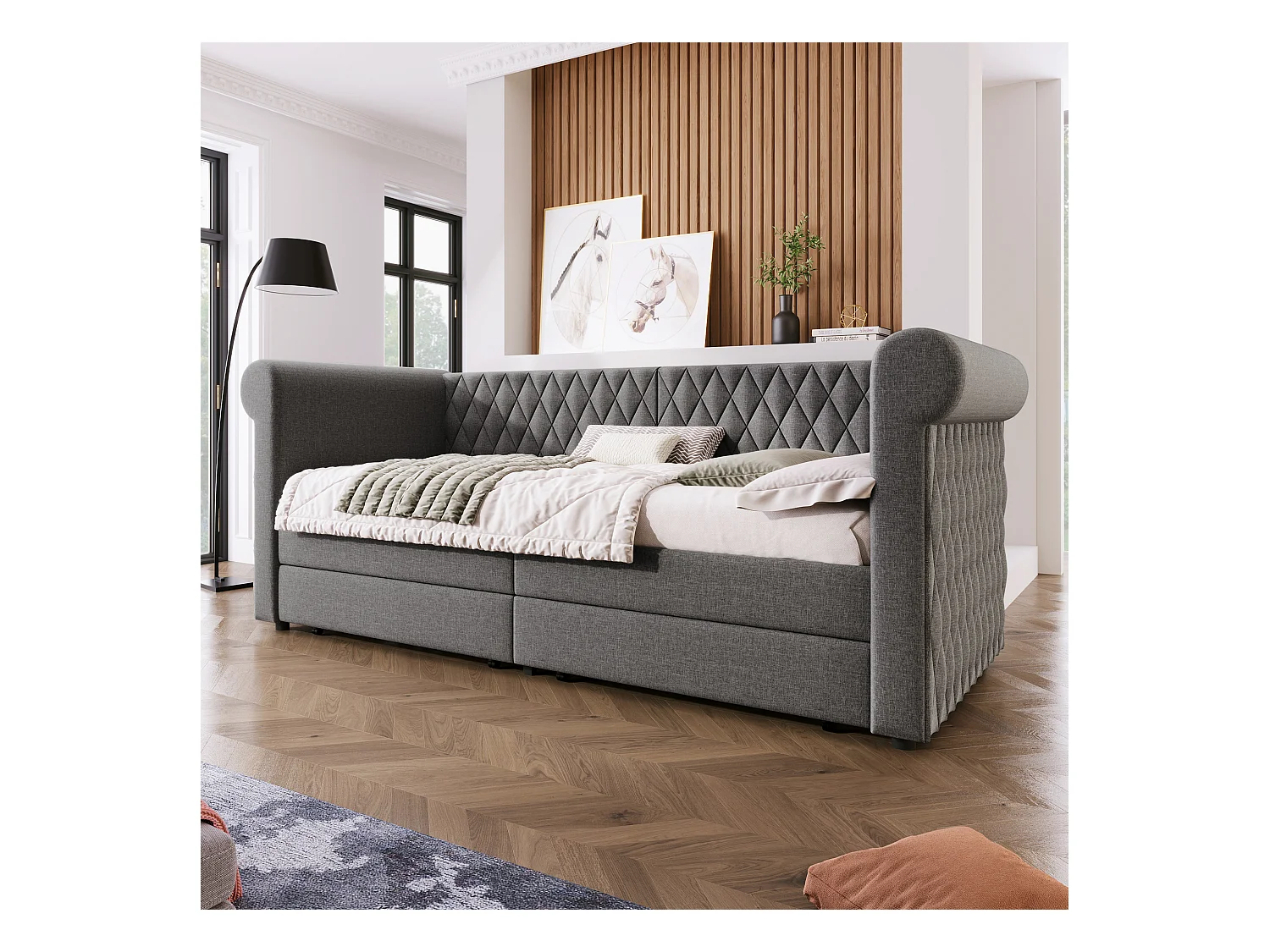 Lit banquette enfant 90x200 cm avec 2 tiroirs - Lin gris (sans matelas)