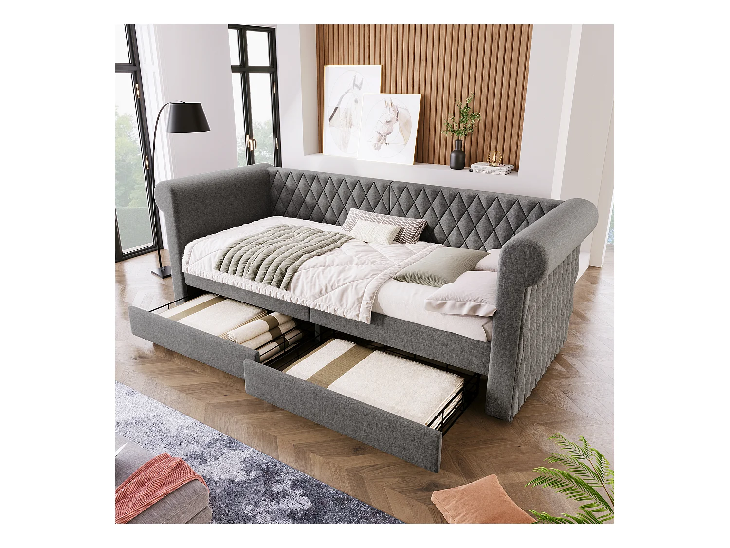 Lit banquette enfant 90x200 cm avec 2 tiroirs - Lin gris (sans matelas)