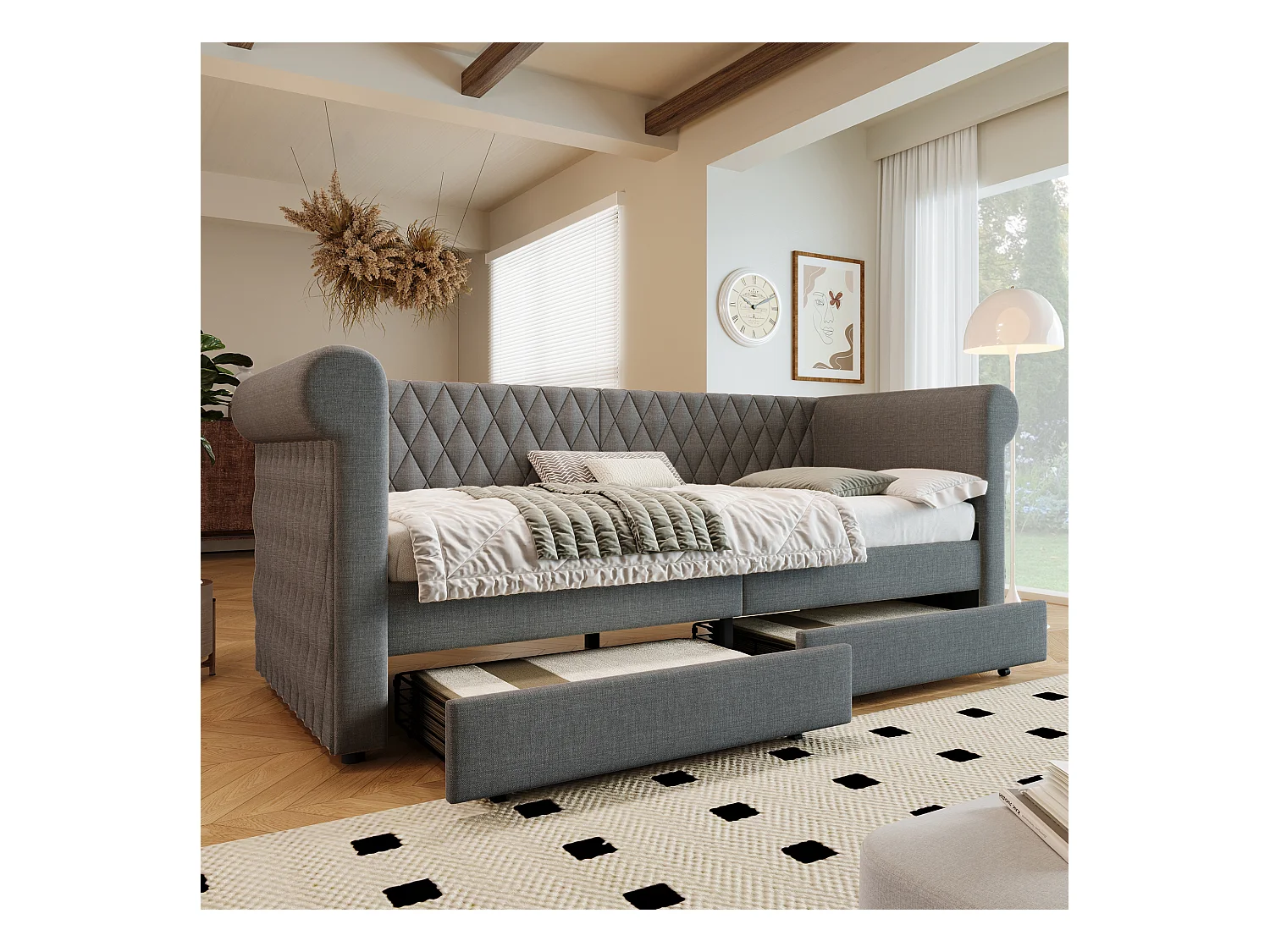 Lit banquette enfant 90x200 cm avec 2 tiroirs - Lin gris (sans matelas)