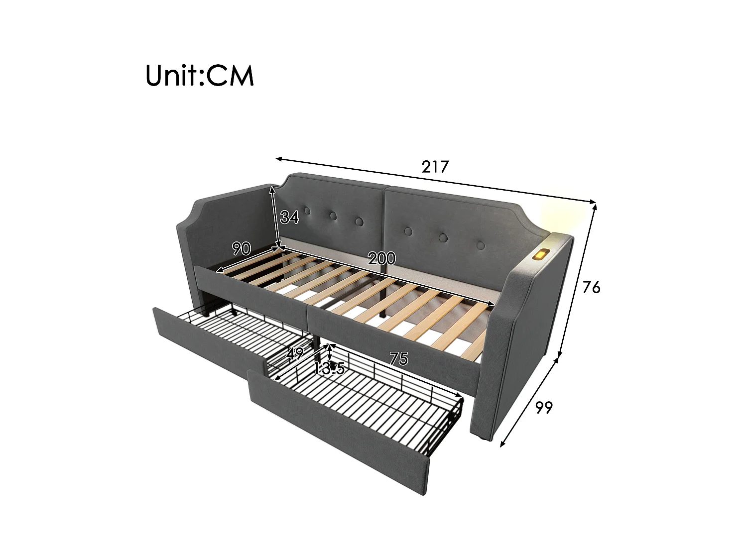 Slaapbank 90x200 cm met 2 laden - LED en USB-C - Grijs fluweel (zonder matras)