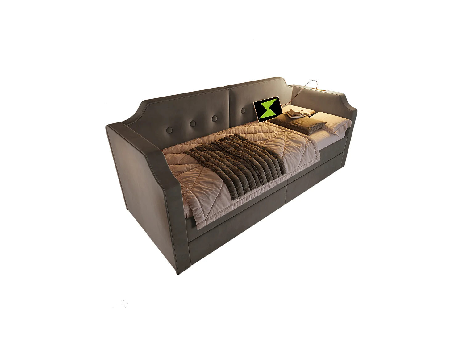 Slaapbank 90x200 cm met 2 laden - LED en USB-C - Grijs fluweel (zonder matras)