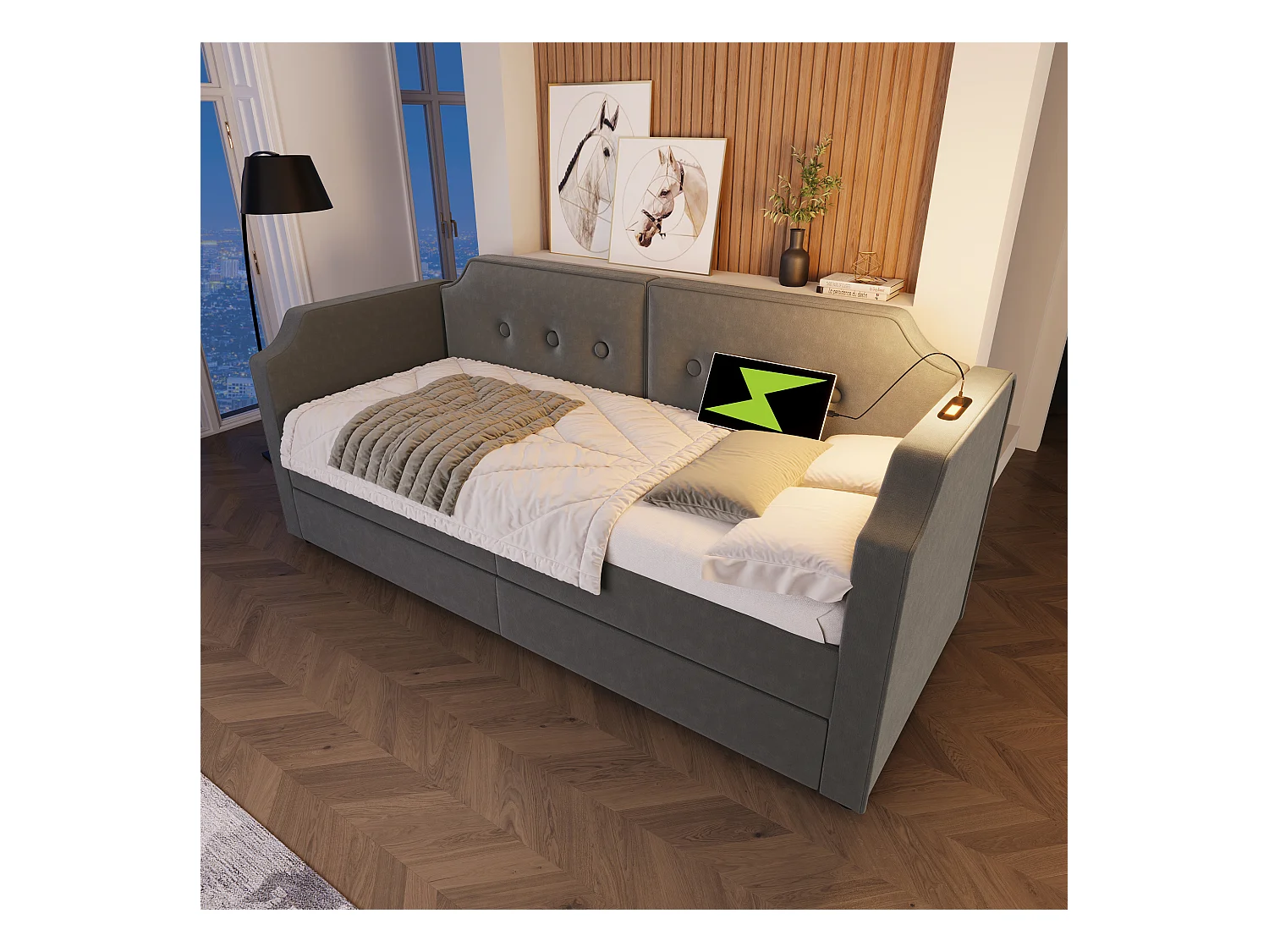 Slaapbank 90x200 cm met 2 laden - LED en USB-C - Grijs fluweel (zonder matras)