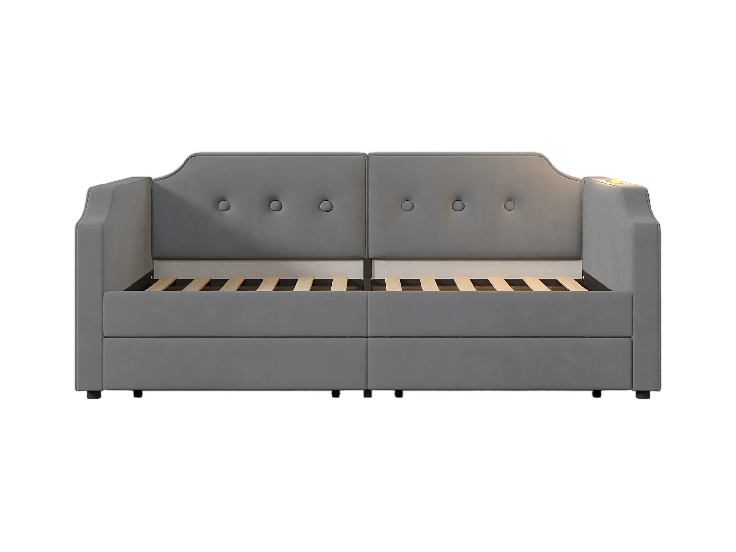 Slaapbank 90x200 cm met 2 laden - LED en USB-C - Grijs fluweel (zonder matras)