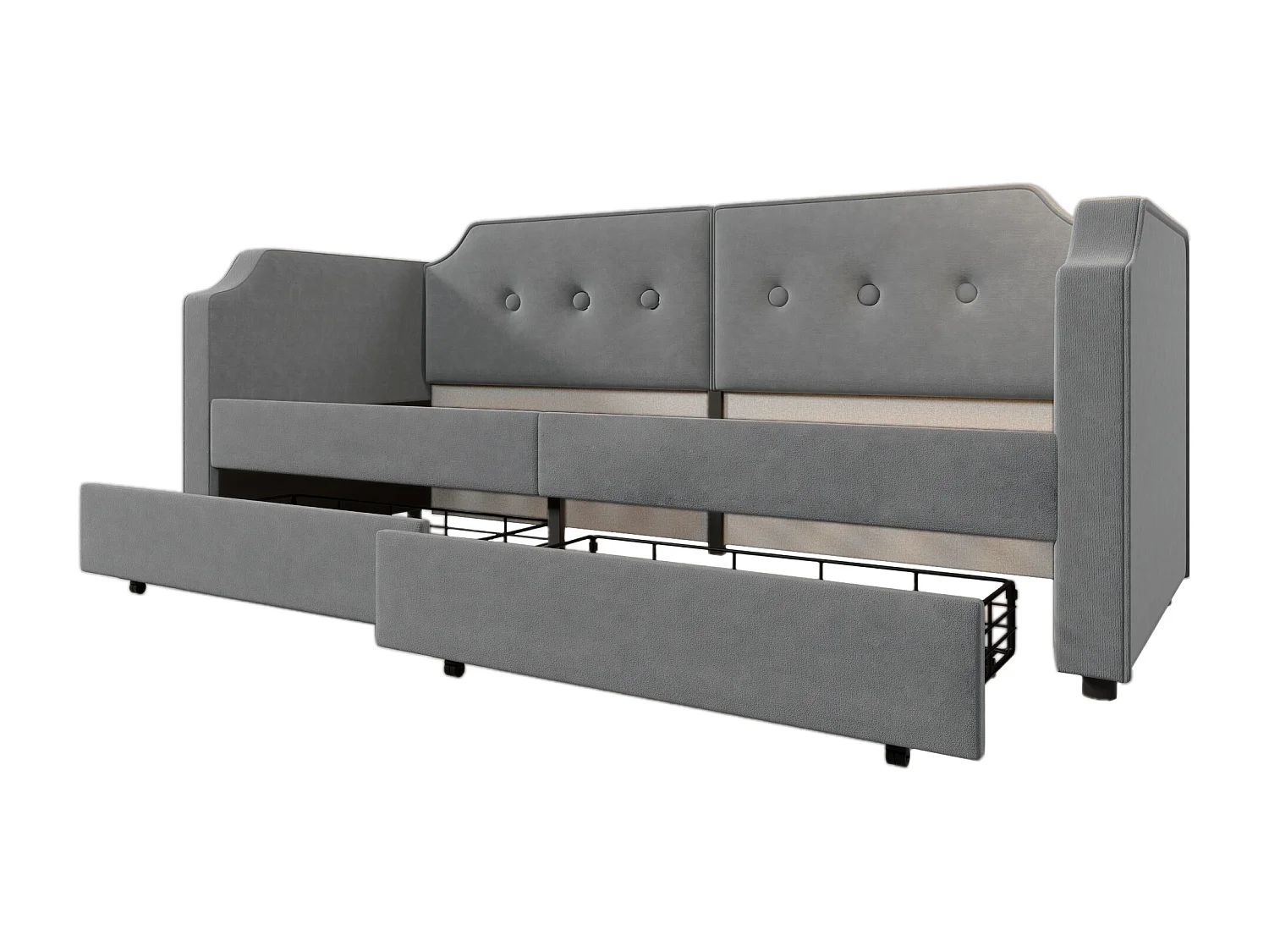 Lit banquette enfant 90x200 cm avec 2 tiroirs, LED et USB-C, Velours gris, sans matelas
