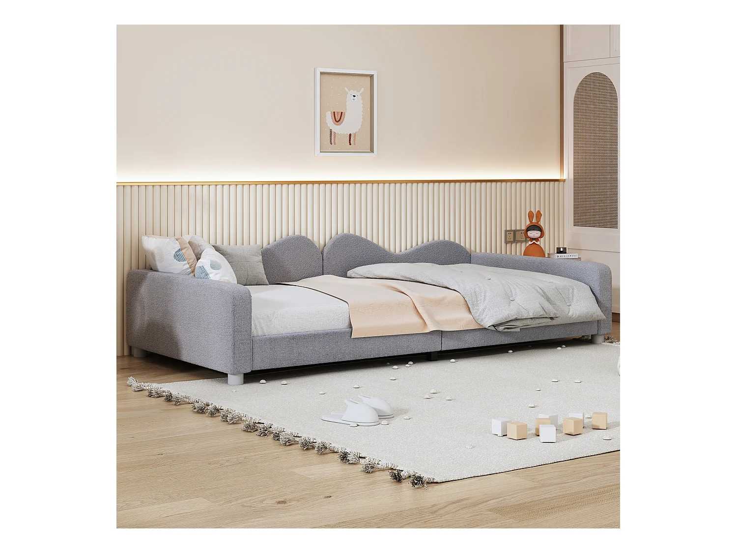 Cama sofá infantil 90x200 cm - Estructura de tela teddy gris (sin colchón)