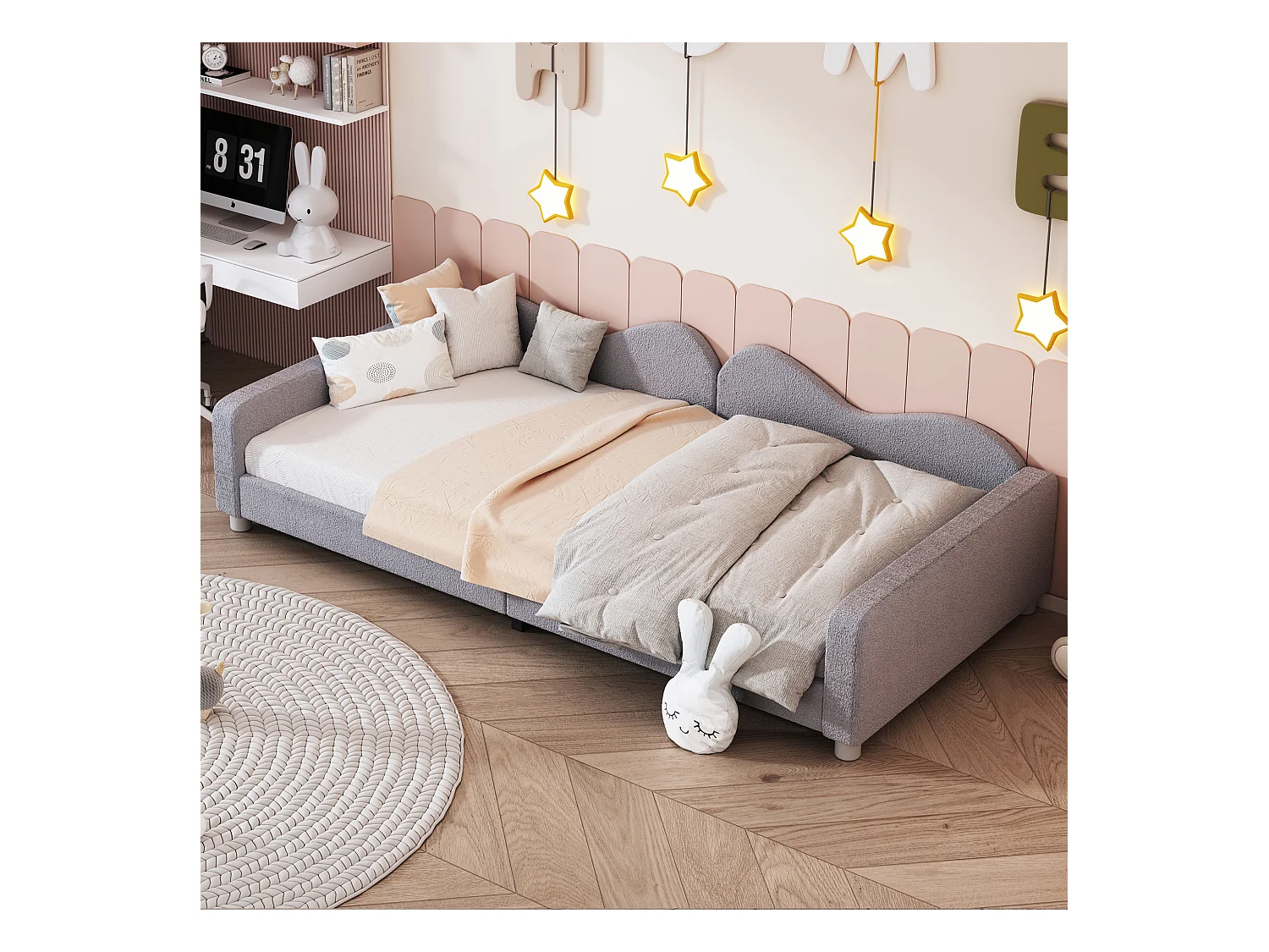 Cama sofá infantil 90x200 cm - Estructura de tela teddy gris (sin colchón)