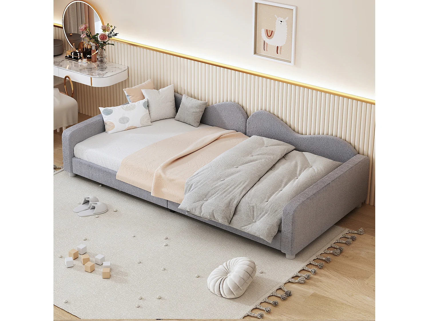 Lit canapé enfant 90x200 cm - structure en tissu teddy Gris(sans matelas)