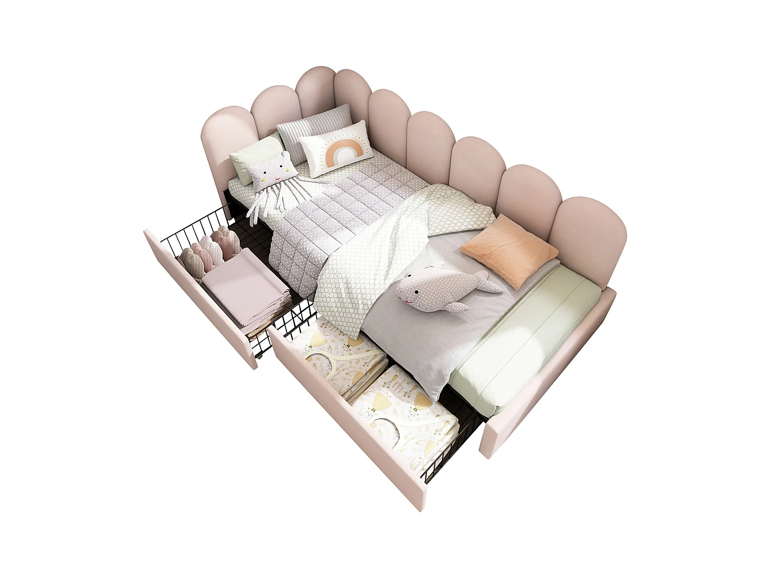 Lit canapé simple 90x190 cm avec 2 tiroirs - Velours rose (sans matelas)