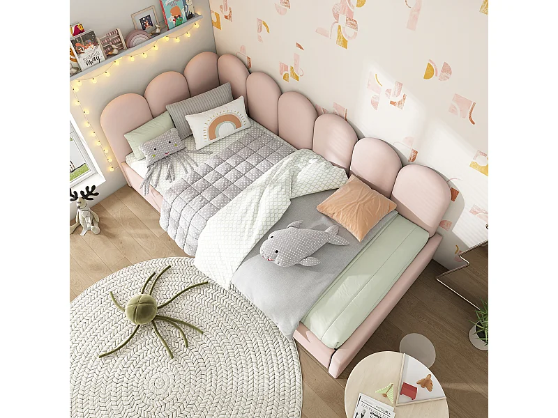 Lit banquette  enfant 90x200 cm avec 2 tiroirs - Velours rose (sans matelas)