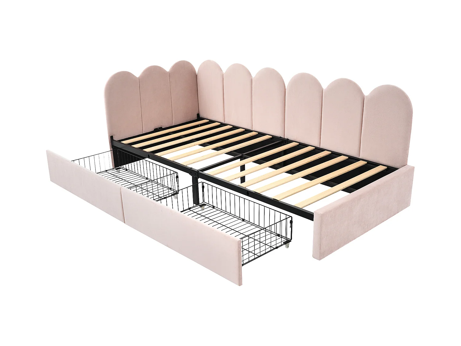 Lit banquette  enfant 90x200 cm avec 2 tiroirs - Velours rose (sans matelas)