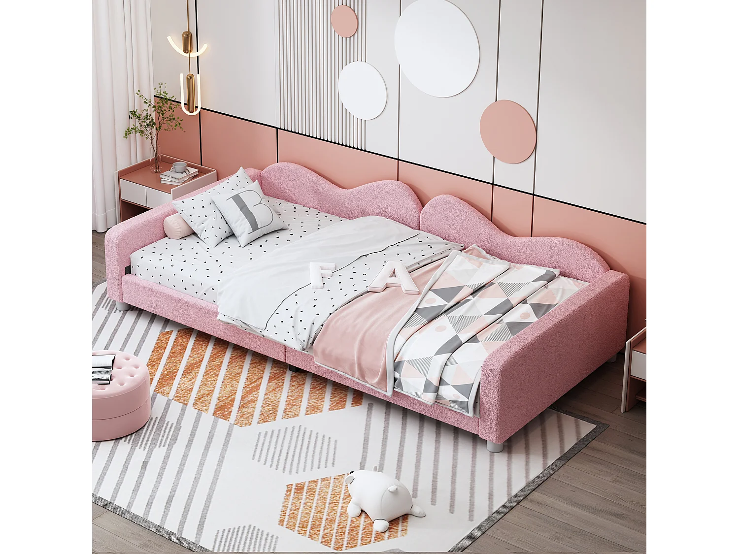 Canapé-lit enfant 90x200 cm, lit doux avec dossier et accoudoirs en tissu teddy rose(sans matelas)