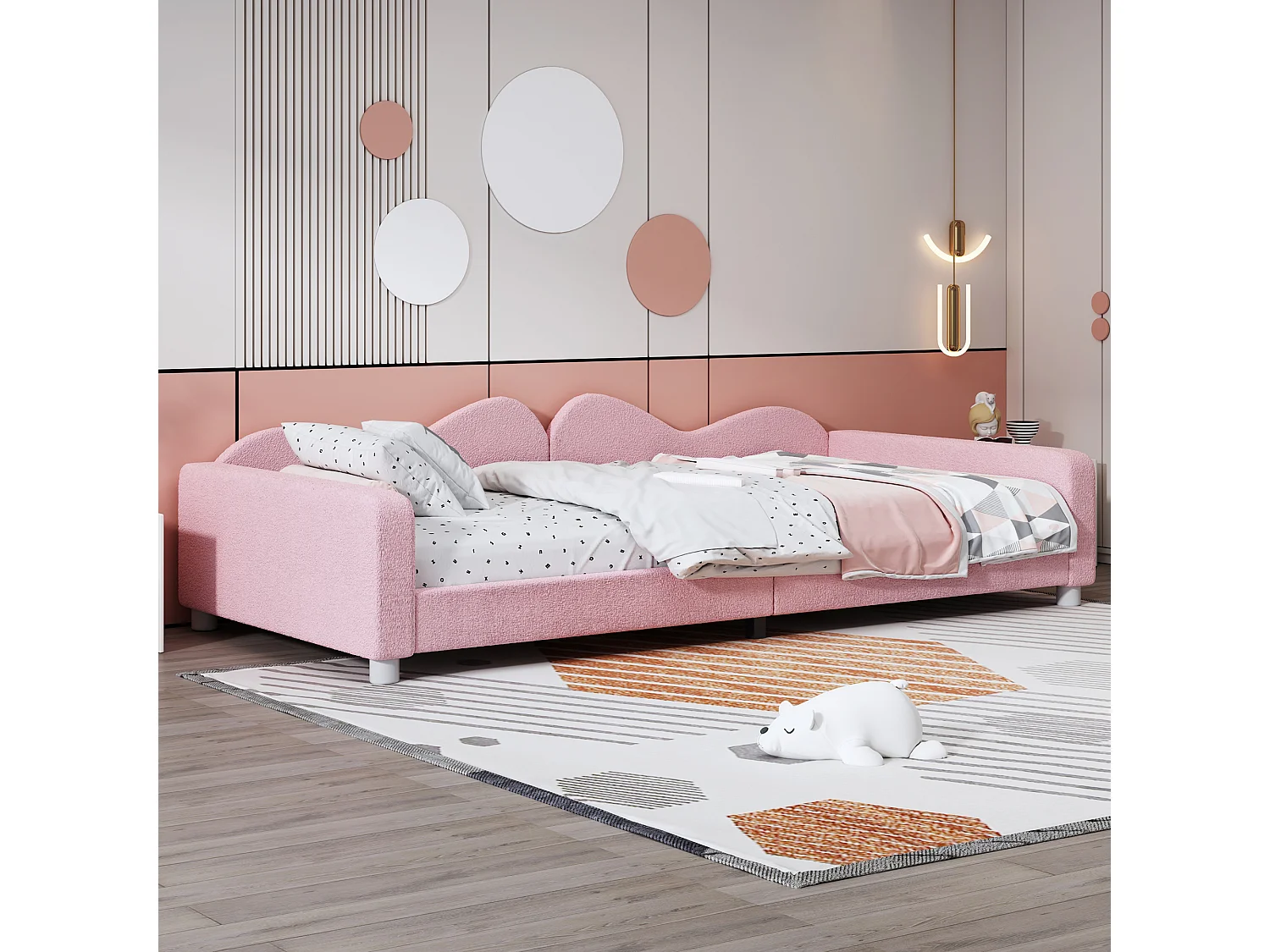 Canapé-lit enfant 90x200 cm, lit doux avec dossier et accoudoirs en tissu teddy rose(sans matelas)