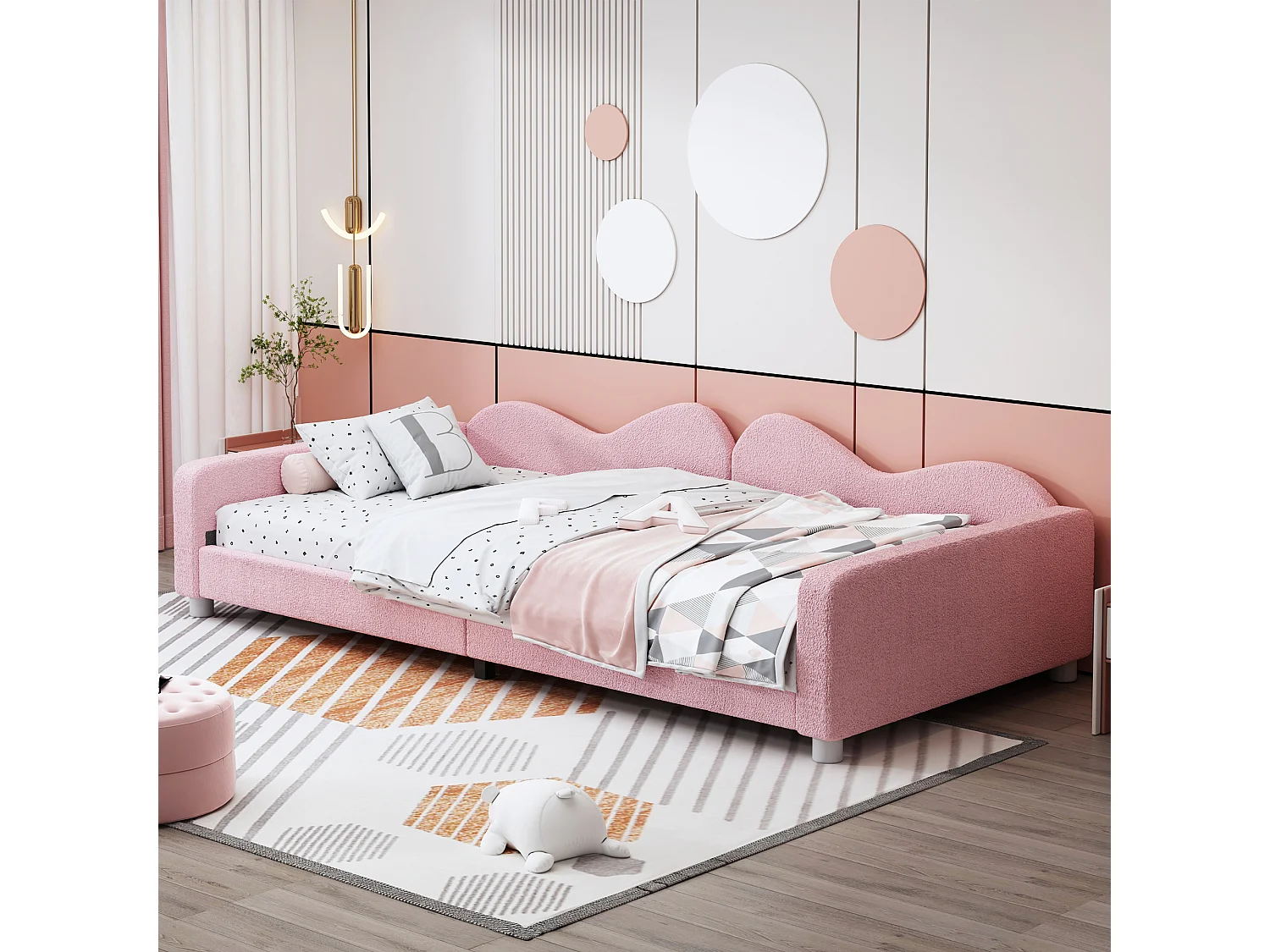Canapé-lit enfant 90x200 cm, lit doux avec dossier et accoudoirs en tissu teddy rose(sans matelas)