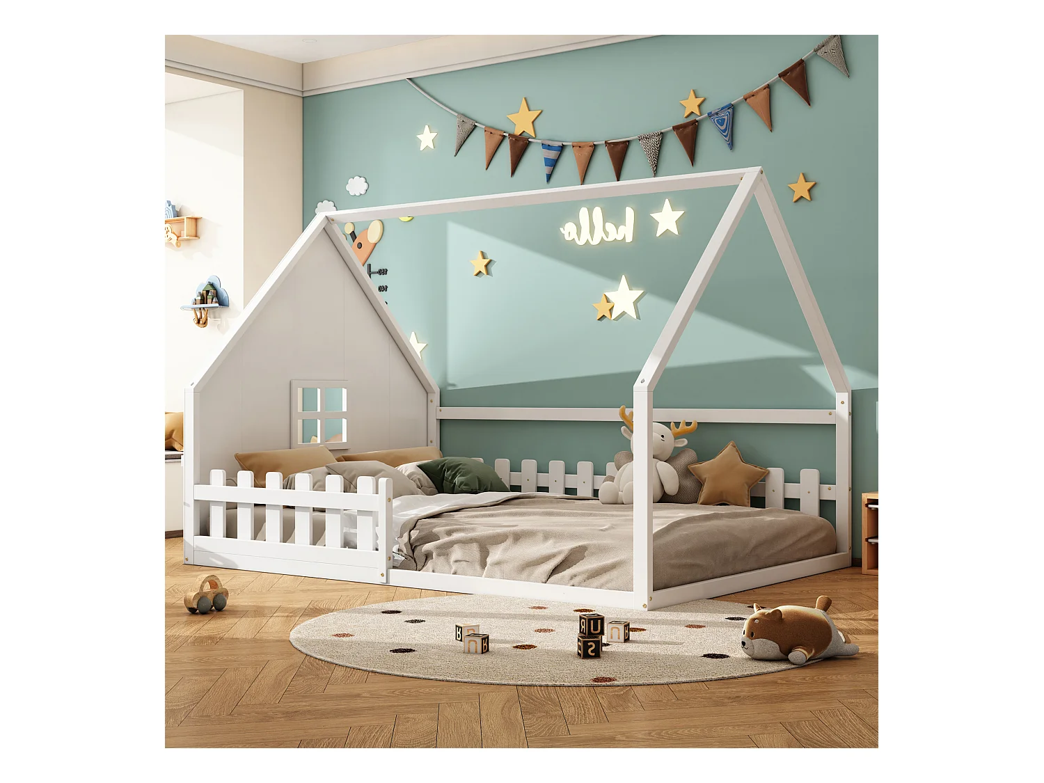 Letto casetta per bambini 140x200 cm con balaustra e barra a forma di casa, in legno di pino, bianco (senza materasso)