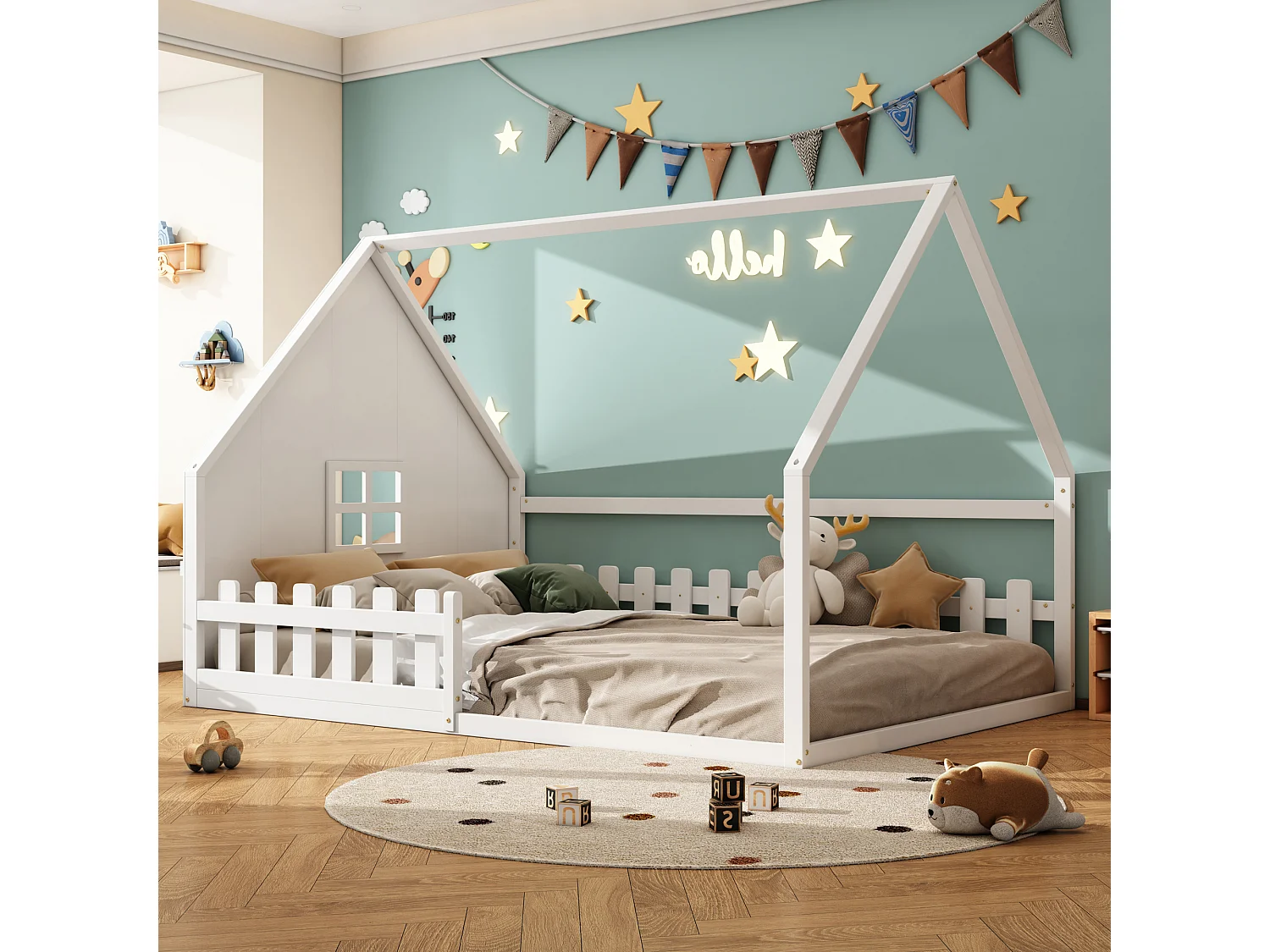 Lit cabane enfant 140x200 cm, avec balustrade et barre de maison, en bois de pin, blanc(sans matelas)
