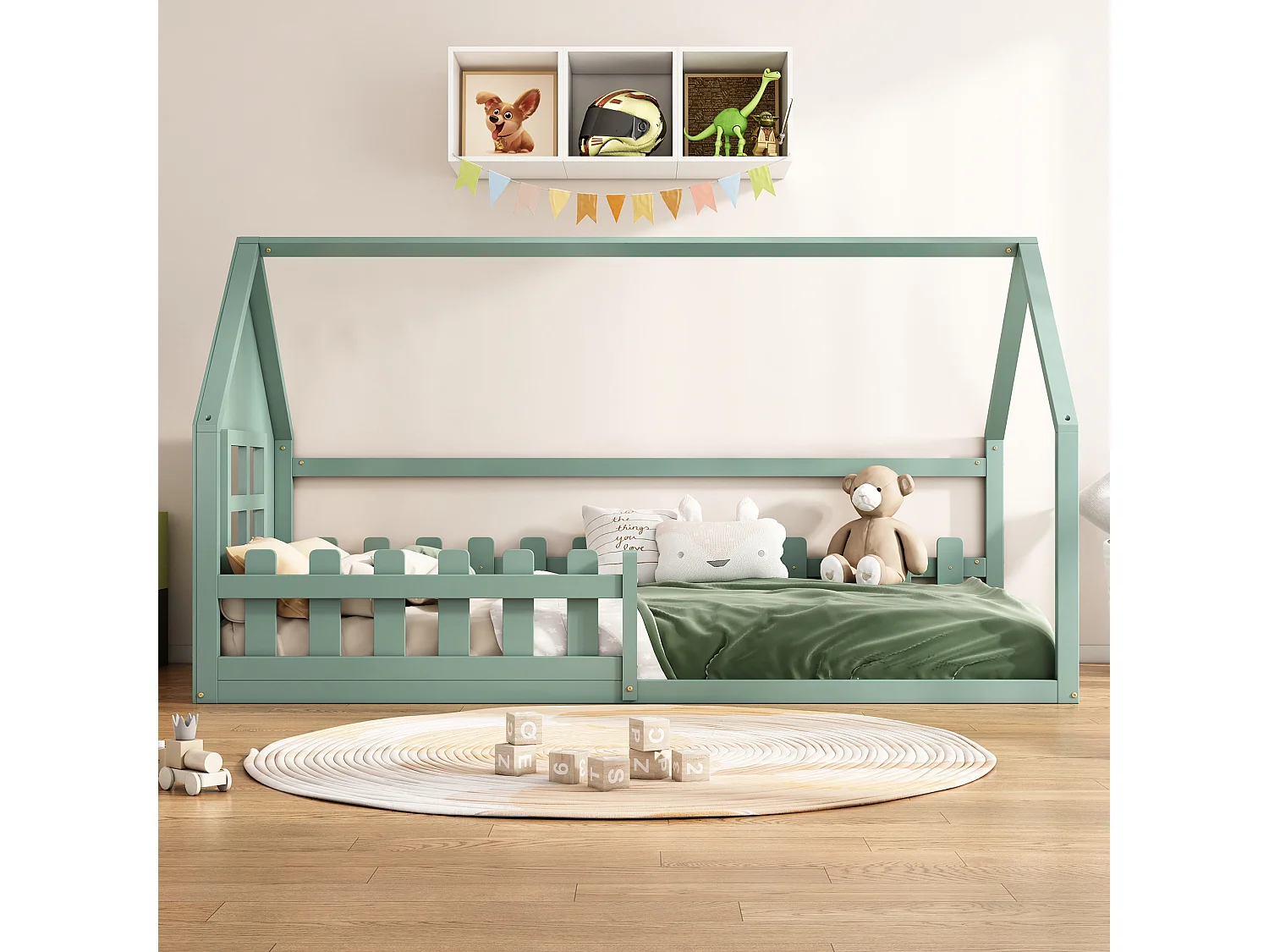 Lit cabane 90x200 cm pour enfants avec barre de maison, couleur verte(sans matelas)