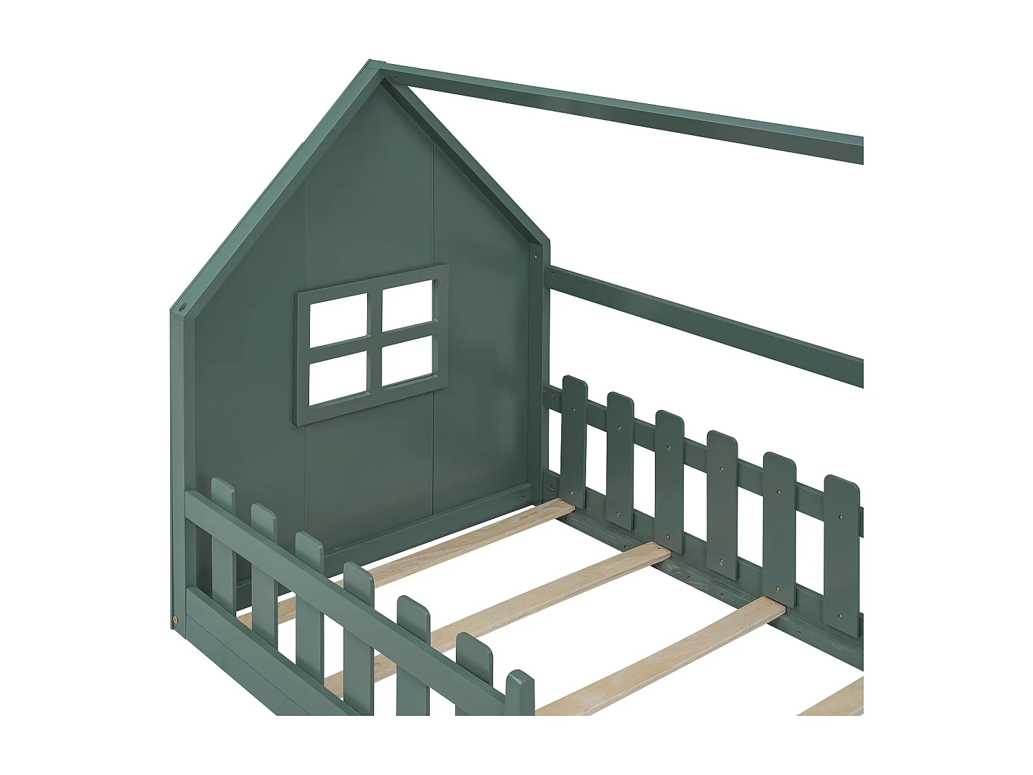 Lit cabane 90x200 cm pour enfants avec barre de maison, couleur verte(sans matelas)